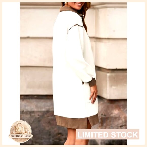 Oversized Sweatshirt Dress Half Zip V Neck Long Sleeve Casual Mini - Picture 4 of 7